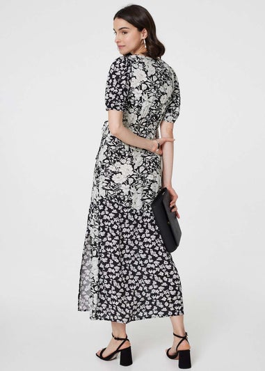 Izabel London Black/White Floral 1/2 Sleeve Midi Wrap Dress