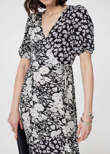 Izabel London Black/White Floral 1/2 Sleeve Midi Wrap Dress