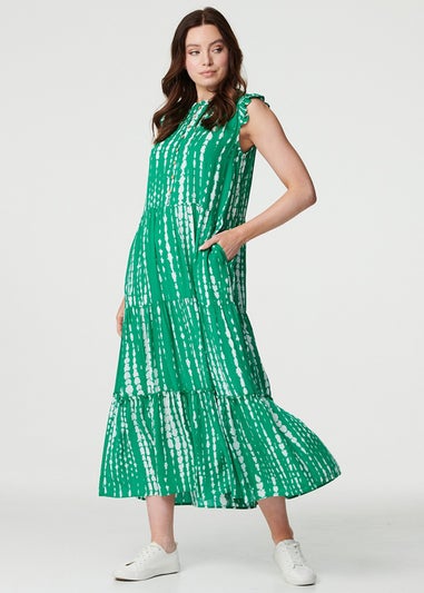 Izabel London Green Tie Dye Print Frill Cap Sleeve Maxi Dress