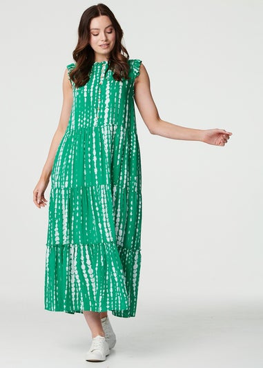 Izabel London Green Tie Dye Print Frill Cap Sleeve Maxi Dress