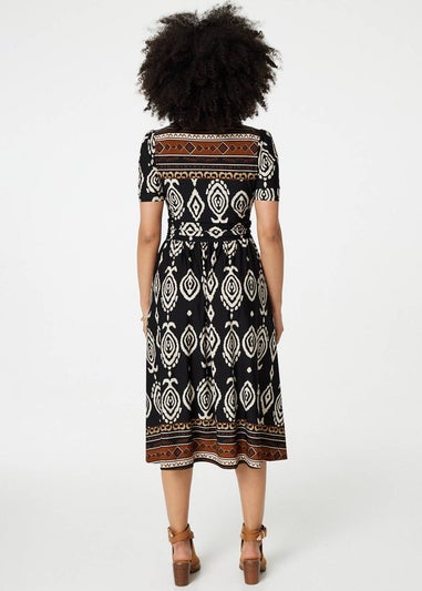 Izabel London Black/White Printed 1/2 Sleeve Pleated Wrap Dress