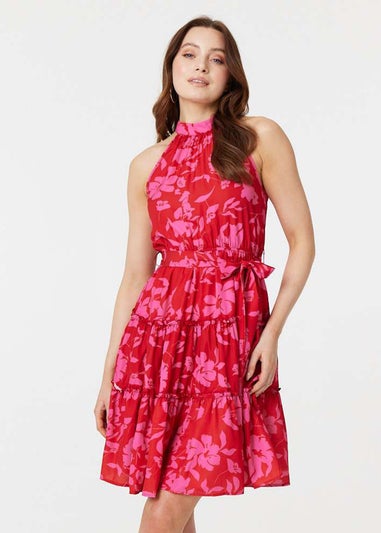 Izabel London Pink Floral Halter Neck Short Tiered Dress