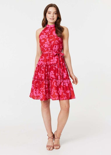 Izabel London Pink Floral Halter Neck Short Tiered Dress