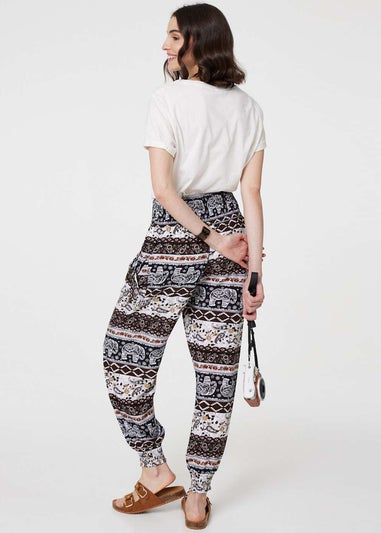 Izabel London Beige Elephant Print High Waist Harem Pants