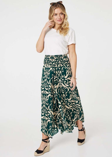 Izabel London Green Printed Shirred Waist Wide Leg Trousers