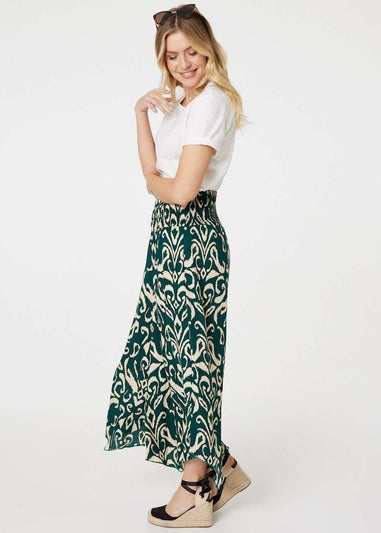 Izabel London Green Printed Shirred Waist Wide Leg Trousers