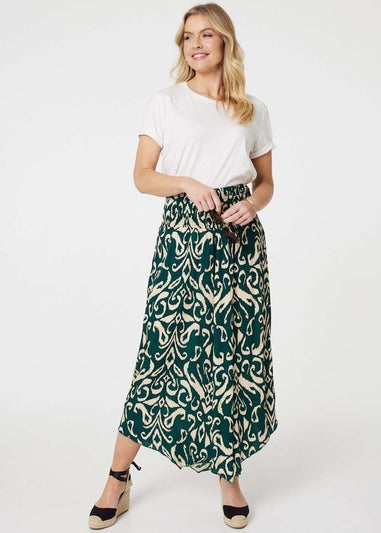 Izabel London Green Printed Shirred Waist Wide Leg Trousers