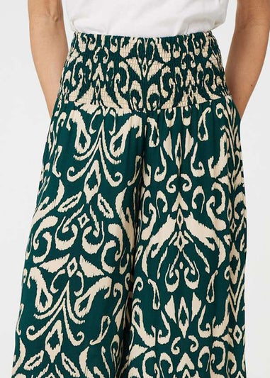 Izabel London Green Printed Shirred Waist Wide Leg Trousers