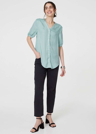 Izabel London Sage Plain V-Neck Puff 1/2 Sleeve Shirt