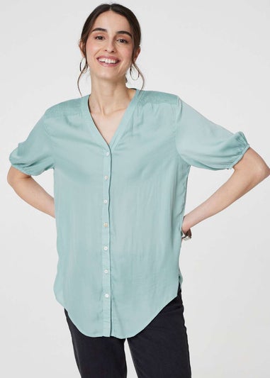 Izabel London Sage Plain V-Neck Puff 1/2 Sleeve Shirt