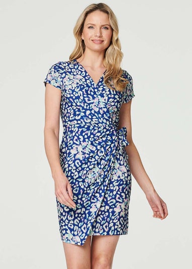 Izabel London Blue Animal Print Ruched Short Wrap Dress