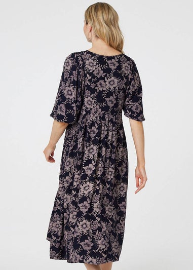 Izabel London Navy Printed 3/4 Sleeve Shirred Midi Dress