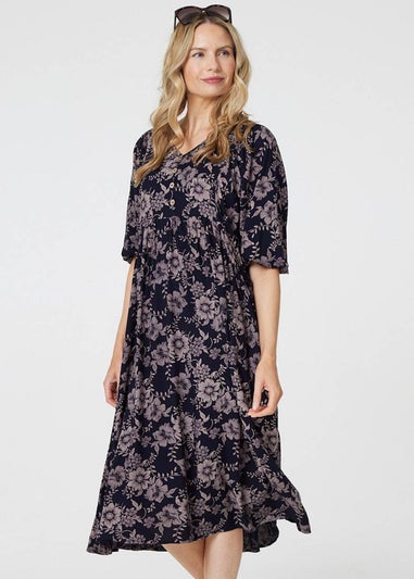 Izabel London Navy Printed 3/4 Sleeve Shirred Midi Dress