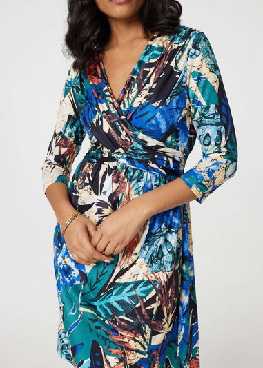 Izabel London Green Leaf Print Knee Length Wrap Dress