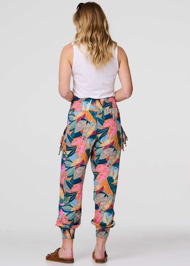 Izabel London Blue Leaf Print Tassel Pocket Harem Pants