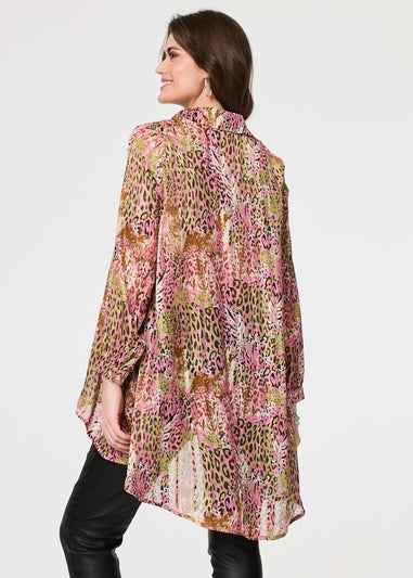 Izabel London Pink Animal Print High Low Semi Sheer Shirt