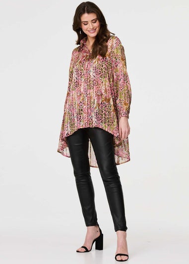 Izabel London Pink Animal Print High Low Semi Sheer Shirt