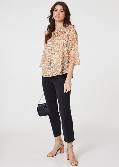 Izabel London Orange Floral Frill Detail 3/4 Sleeve Blouse