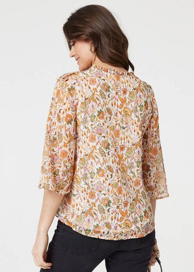 Izabel London Orange Floral Frill Detail 3/4 Sleeve Blouse