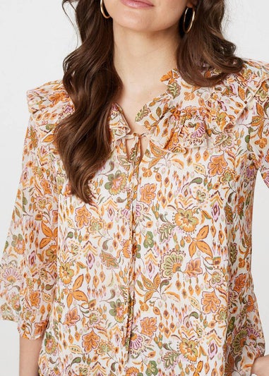 Izabel London Orange Floral Frill Detail 3/4 Sleeve Blouse