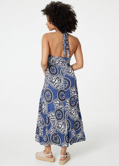 Izabel London Navy Mosaic Print Halter Neck Maxi Dress