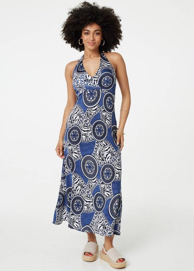 Izabel London Navy Mosaic Print Halter Neck Maxi Dress