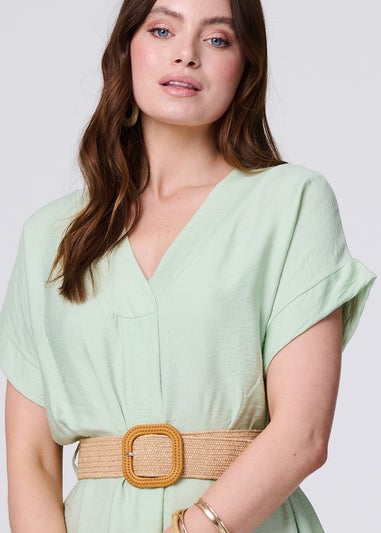 Izabel London Green V-Neck Short Sleeve Belted Tunic Dress