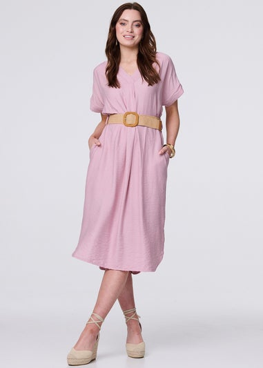 Izabel London Pink V-Neck Short Sleeve Belted Tunic Dress