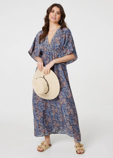 Izabel London Navy Paisley Print Kimono Sleeve Midi Dress