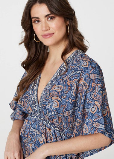 Izabel London Navy Paisley Print Kimono Sleeve Midi Dress