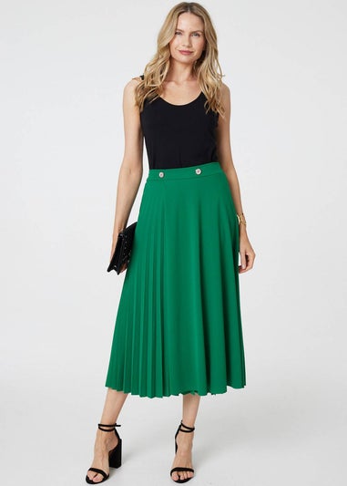 Izabel London Green Pleat Detail High Waist A-Line Midi Skirt