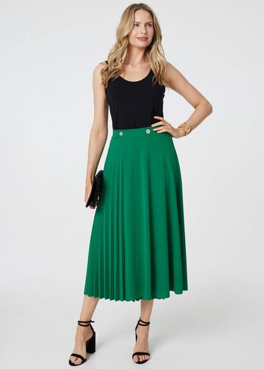 Izabel London Green Pleat Detail High Waist A-Line Midi Skirt