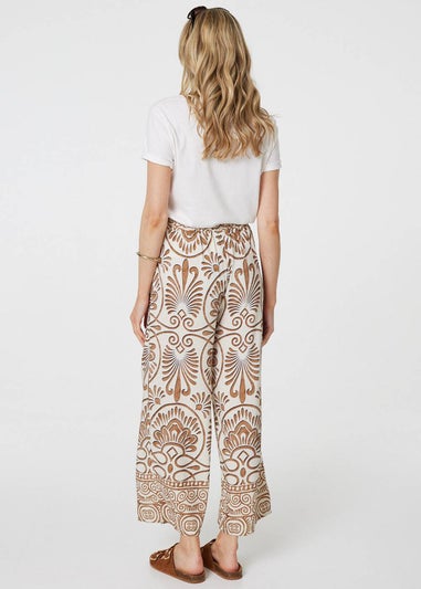 Izabel London Beige Printed High Waist Wide Leg Trousers