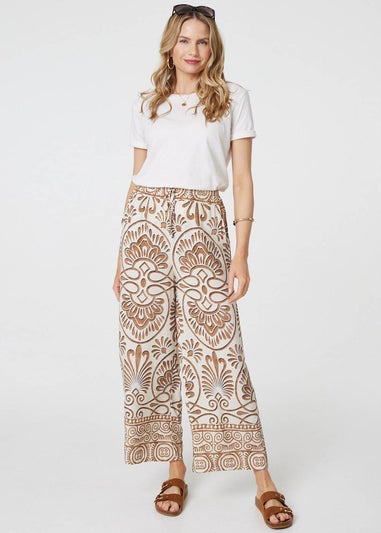 Izabel London Beige Printed High Waist Wide Leg Trousers