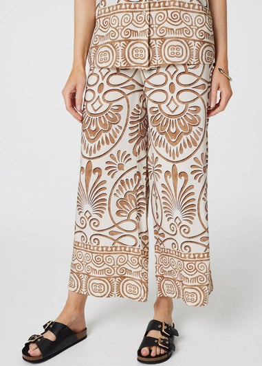 Izabel London Beige Printed High Waist Wide Leg Trousers