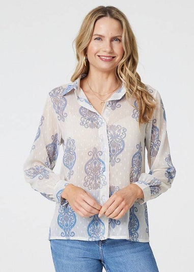Izabel London Blue Printed Button Down Tie Front Shirt