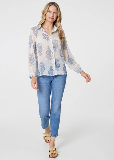 Izabel London Blue Printed Button Down Tie Front Shirt