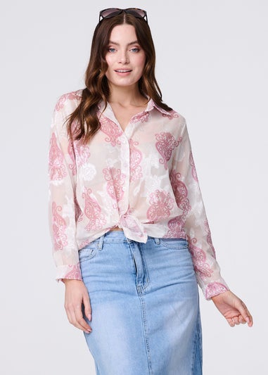 Izabel London Pink Printed Button Down Tie Front Shirt