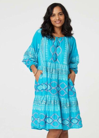 Izabel London Turquoise Printed Puff Sleeve Relaxed Swing Dress