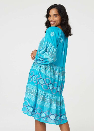 Izabel London Turquoise Printed Puff Sleeve Relaxed Swing Dress