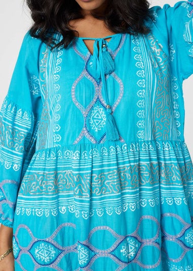 Izabel London Turquoise Printed Puff Sleeve Relaxed Swing Dress