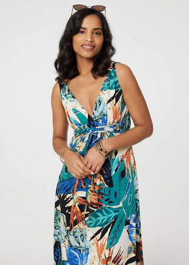 Izabel London Green Tropical Print V-Neck Empire Maxi Dress