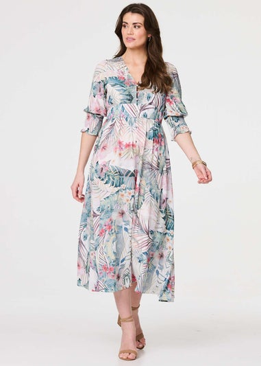 Izabel London White Leaf Print 3/4 Puff Sleeve Midi Dress