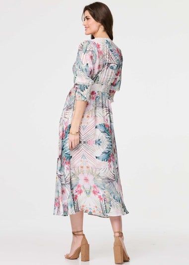 Izabel London White Leaf Print 3/4 Puff Sleeve Midi Dress