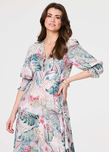 Izabel London White Leaf Print 3/4 Puff Sleeve Midi Dress