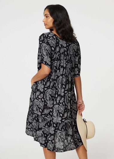 Izabel London Black/White Paisley Print Keyhole Neck Relaxed Dress