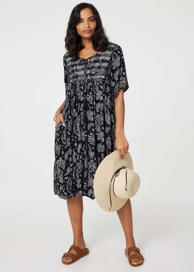 Izabel London Black/White Paisley Print Keyhole Neck Relaxed Dress