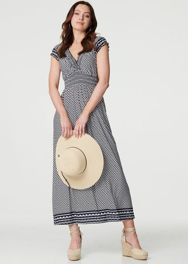 Izabel London Navy Geo Border Print Empire Maxi Dress