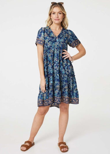 Izabel London Teal Paisley Border Print V-Neck Short Dress