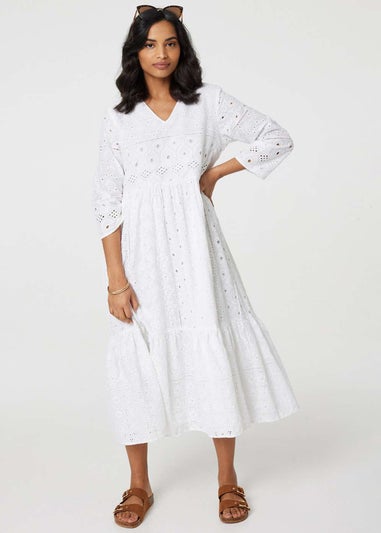 Izabel London White Broderie Anglaise 3/4 Sleeve Midi Dress